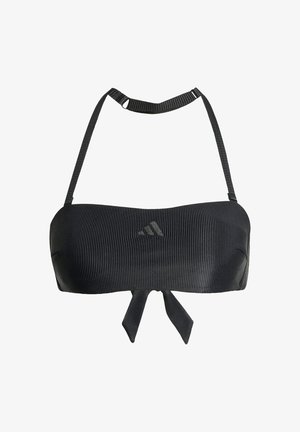 Haut de bikini noir à rayures avec un design bandeau, comportant des bretelles ajustables et une fermeture à nouer au dos. Texture lisse avec un détail de logo subtil.