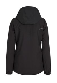 Zwarte waterdichte jas met een capuchon, elastische manchetten en een gladde textuur. Bevat een logo op de bovenrug en naaddetails.