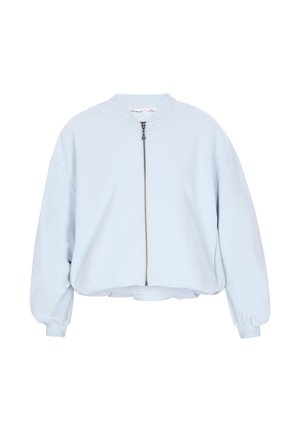 Hellblaues, kurz geschnittenes Sweatshirt aus weichem Stoff, mit einem Frontreißverschluss, weiten Ärmeln und einem runden Ausschnitt.