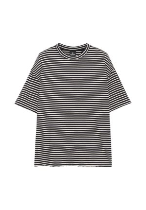 T-shirt à manches courtes rayé horizontalement noir et blanc, avec un col rond, présenté à plat sur fond blanc.