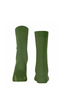 Zwei Paare grüner Socken werden nebeneinander angezeigt, mit einem strukturierten Bündchen und glattem Stoff. Das Markenlogo ist auf der Unterseite sichtbar.