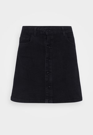 Schwarzer Jeansrock mit geradem Schnitt, ausgestattet mit einer Knopfleiste vorne, zwei seitlichen Taschen und einer glatten Textur.