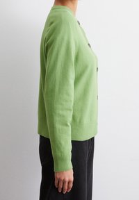 Cardigan verde realizzato in materiale morbido, con scollatura tonda, chiusura con bottoni e polsini e orlo a costine. Mostrato di lato.