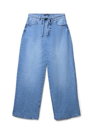 Hellblaue Denim-Hose mit weitem Bein, hoher Taille, Kordelzug vorne und fünf Taschen. Die Textur ist weich mit leichtem Verblassen.