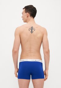 Blå bomuldsboxershorts med en hvid elastik, der har "Tommy Hilfiger" logoet. Bagpå er der en tatovering af en fleur-de-lis.
