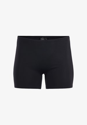 Shorts de bain noirs en tissu lisse et extensible. Présentent une coupe près du corps avec une taille mi-haute et sans coutures visibles.