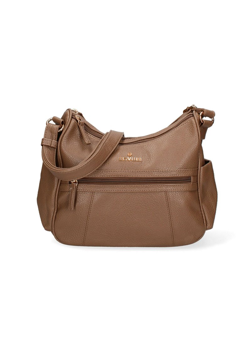 Borsa a tracolla in pelle marrone con superficie texturizzata, tasca con cerniera davanti e tracolla regolabile. Presenta una forma curva e hardware in tonalità oro.