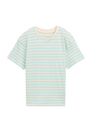 Lichtblauw en crèmekleurig gestreept t-shirt met korte mouwen, een ronde halslijn en een zachte, gladde textuur. Eenvoudig ontwerp met horizontale strepen.