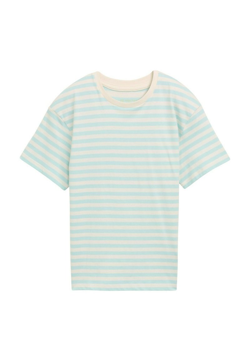 Hellblau und creme gestreiftes T-Shirt mit kurzen Ärmeln, rundem Halsausschnitt und weicher, glatter Textur. Einfaches Design mit horizontalen Streifen.
