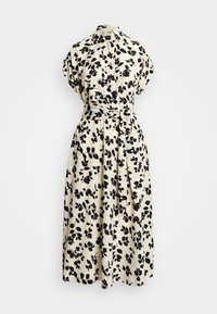 Krémovo-černé midi šaty s květinovým vzorem, s límečkem, krátkými rukávy, opaskem v pase a plnou sukní. Hladká textura látky.