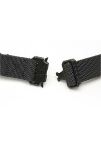 Black nylon strap featuring a textured surface with two plastic buckles at each end. Buckles have an angular design and secure fastening mechanism.