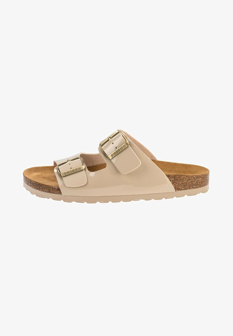 Beige Riemensandale mit zwei verstellbaren Schnallen, Korkfußbett und Gummisohle. Glänzendes Obermaterial und Wildleder-Innensohle für Komfort.