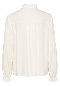 Weiße Bluse mit langen Ärmeln, gerafftem Kragen und Raffung auf der Rückseite. Hergestellt aus leichtem, glattem Stoff. Elastische Bündchen.