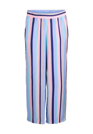 Lightweight, multicolored striped pants feature vertical patterns in pastel blue, pink, lavender, and dark purple; elastic waistband for comfort.