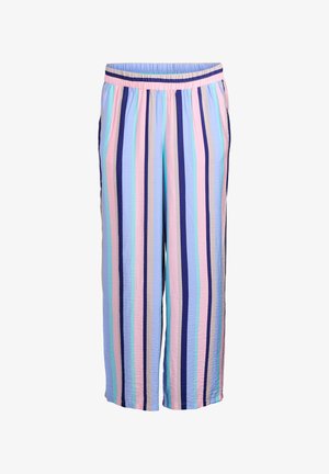Lahki, večbarvni prugasti hlače imajo navpične vzorce v pastelno modri, roza, sivkasti in temno vijolični barvi; elastičen pas za udobje.