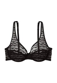 Soutien-gorge noir en tulle transparent avec un motif en vagues. Doté d'un armature, de bretelles réglables et d'une finition lisse pour le confort et le style.