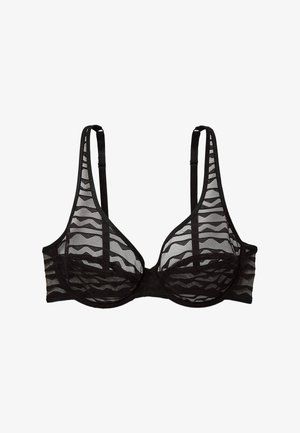 Soutien-gorge noir en tulle transparent avec un motif en vagues. Doté d'un armature, de bretelles réglables et d'une finition lisse pour le confort et le style.
