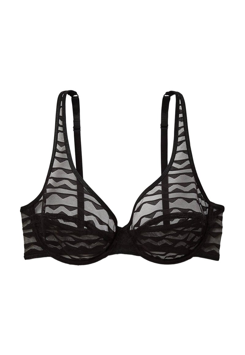 Soutien-gorge noir en tulle transparent avec un motif en vagues. Doté d'un armature, de bretelles réglables et d'une finition lisse pour le confort et le style.