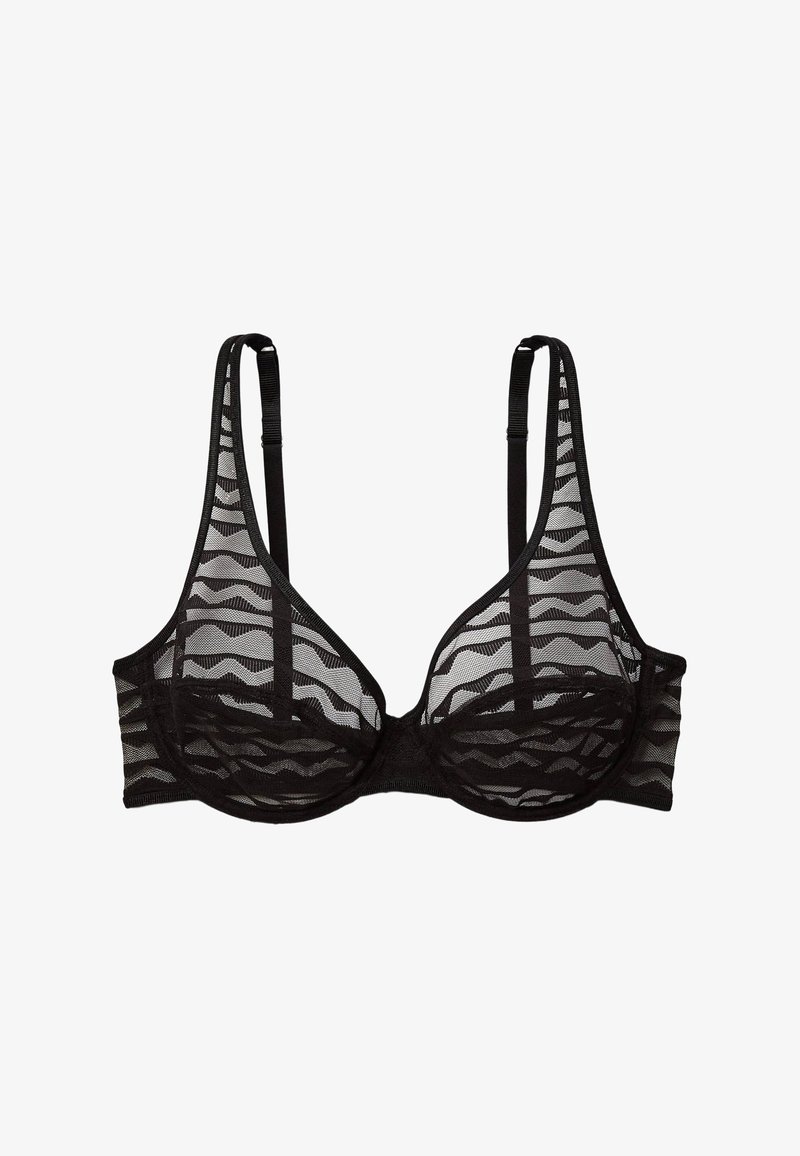 Soutien-gorge noir en tulle transparent avec un motif en vagues. Doté d'un armature, de bretelles réglables et d'une finition lisse pour le confort et le style.