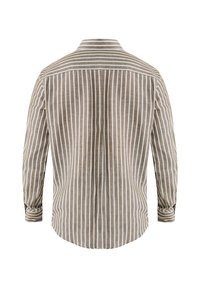 Camisa de manga larga en marrón claro con rayas verticales blancas, con un collar extendido y puños abotonados, hecha de una tela texturizada.