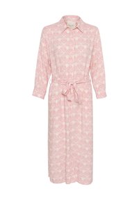 Robe longue à manches longues de couleur rose pâle avec un imprimé floral, col boutonné, taille ceinturée et coupe droite, fabriquée dans un tissu doux.
