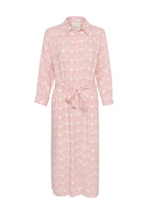 Abito rosa chiaro a maniche lunghe con stampa floreale, colletto con bottoni, vita con cintura e taglio dritto, realizzato in tessuto morbido.