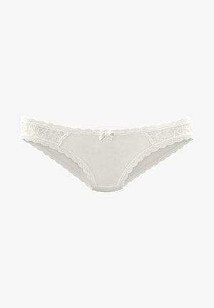 White lace-trimmed panties featuring a soft fabric body, scalloped edges, and a small bow detail at the center front.