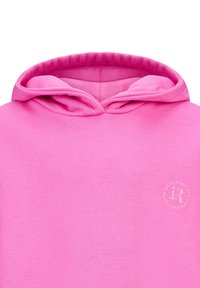 Felpa rosa con una morbida texture, dotata di tasca a marsupio e un logo circolare sul petto. Cappuccio con cordoncino e polsini a coste.