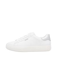 White leather sneaker with a rounded toe, lace-up design, textured rubber sole, and a silver accent on the heel.