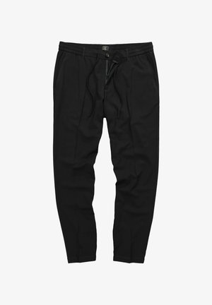 Czarne spodnie z elastycznym pasem na sznurki, przednimi kieszeniami i zwężanym krojem nogawek. Materiał wydaje się miękki i gładki o minimalnej strukturze.