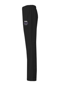 Schwarze Sporthosen aus glattem Material, mit einem Kordelzugbund und dem "FILA ATHLETICS"-Logo auf der linken Seite in Lila und Weiß.