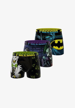 Trois paires de boxers noirs arborant des motifs colorés de Batman et Joker issus de bandes dessinées, avec des ceintures de marque et des illustrations graphiques.