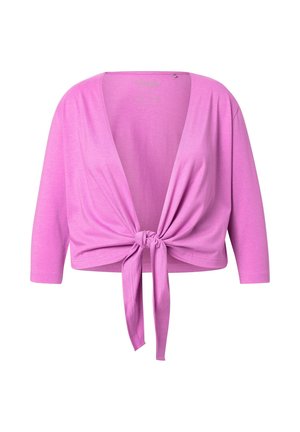 Rosa, leichtes Langarm-Oberteil mit tiefem V-Ausschnitt und vorderem Bindedetail, mit glatter Textur und lockerer Passform.