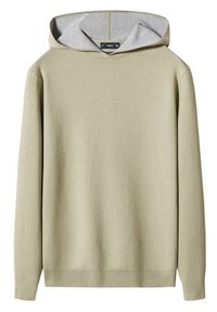 Sweat à capuche beige clair avec manches longues et doublure intérieure grise douce dans la capuche, fabriqué en tissu lisse.