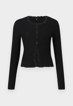 Black long-sleeve cardigan made of ribbed material. Features a lace trim along the neckline and a button-up front design.