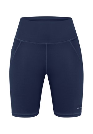 Pantaloncini atletici blu navy con vita alta, texture liscia, tasche laterali e dettaglio di cuciture a contrasto. Adatti per abbigliamento sportivo.