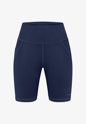 Pantaloncini atletici blu navy con vita alta, texture liscia, tasche laterali e dettaglio di cuciture a contrasto. Adatti per abbigliamento sportivo.