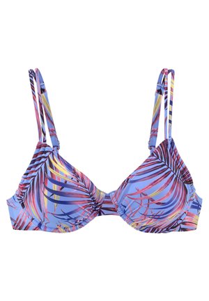 Helles blauer Bikini-Oberteil mit lebhaftem Palmblattmuster in Pink, Gelb und Grün. Verstellbare Träger und gerafftes Design für einen perfekten Sitz.