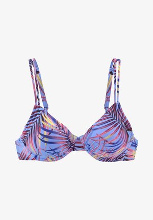 Šviesiai mėlynas bikini viršus su ryškia palmės lapų raštu rožinės, geltonos ir žalios spalvų. Reguliuojamos petnešėlės ir susiraukšlėjusi konstrukcija, užtikrinanti patogų prigludimą.