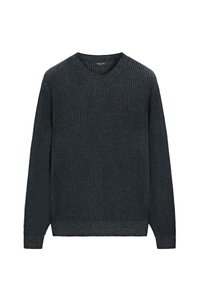 Maglione a coste di un grigio scuro con maniche lunghe, scollo rotondo e tessuto testurizzato. Presenta un motivo sottile e una vestibilità morbida.