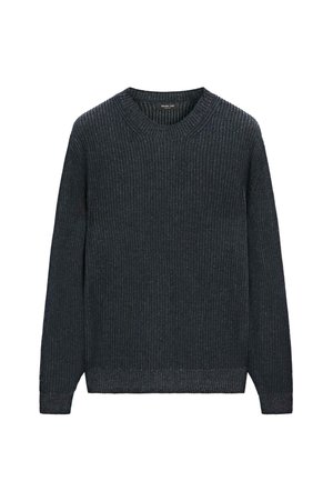 Maglione a coste di un grigio scuro con maniche lunghe, scollo rotondo e tessuto testurizzato. Presenta un motivo sottile e una vestibilità morbida.