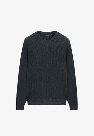 Dark gray ribbed sweater with long sleeves, a round neckline, and textured fabric. Features a subtle pattern and a relaxed fit.