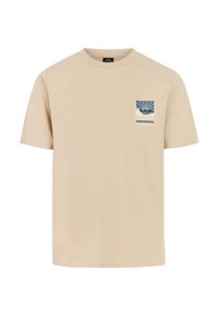 Beige katoenen T-shirt met een ronde hals, korte mouwen en een blauw-wit grafisch logo met een zon- en oceaandesign.