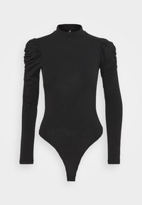 Black long-sleeve bodysuit with a high collar, made from stretchy fabric. Features puffed shoulder detailing and a thong cut at the bottom.