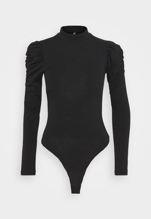 Bodysuit noir à manches longues avec un col montant, fabriqué en tissu extensible. Présente des détails de manches bouffantes et une coupe string au bas.