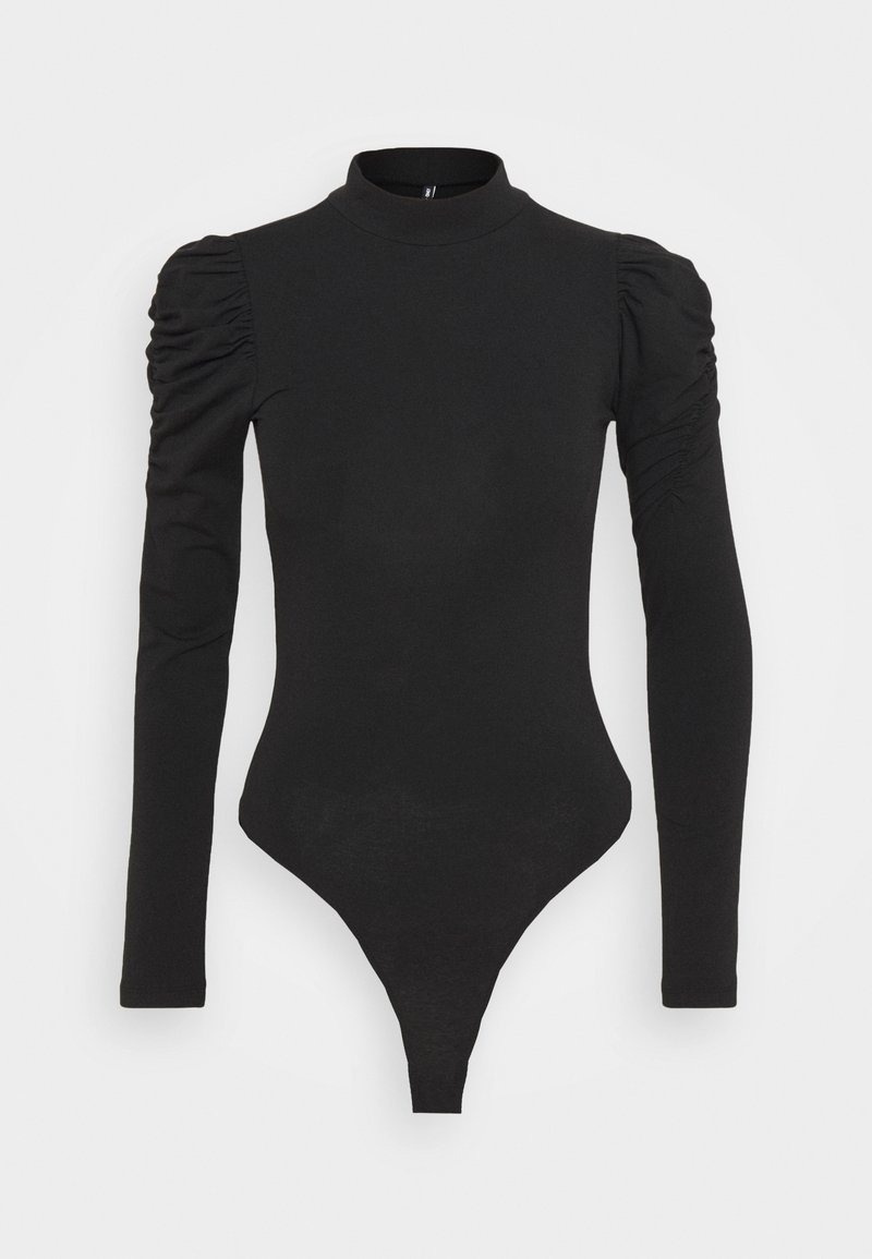 Black long-sleeve bodysuit with a high collar, made from stretchy fabric. Features puffed shoulder detailing and a thong cut at the bottom.
