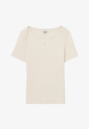 T-shirt corto a maniche corte color beige chiaro in tessuto morbido. Caratterizzato da un ampio scollo e un logo sottile sul petto. Forma classica e aderente.