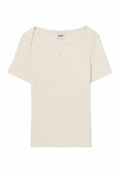 T-shirt corto a maniche corte color beige chiaro in tessuto morbido. Caratterizzato da un ampio scollo e un logo sottile sul petto. Forma classica e aderente.