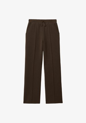 Ruskeat, leveälahkeiset collegehousut pehmeästä kankaasta, joissa on kiristysnyöri vyötäröllä ja sivutaskut, sileä pinta ja minimalistinen muotoilu.