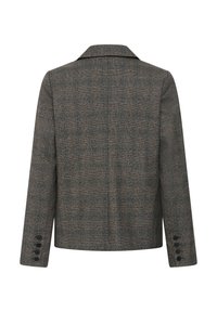 Blazer à carreaux gris foncé avec manches longues et quatre boutons sur chaque poignet, vu de dos sur fond blanc.